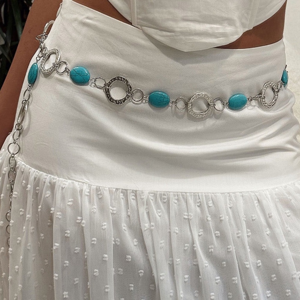 NWT 12th Tribe Silver Chain Belt with Turquoise Stones – One Size